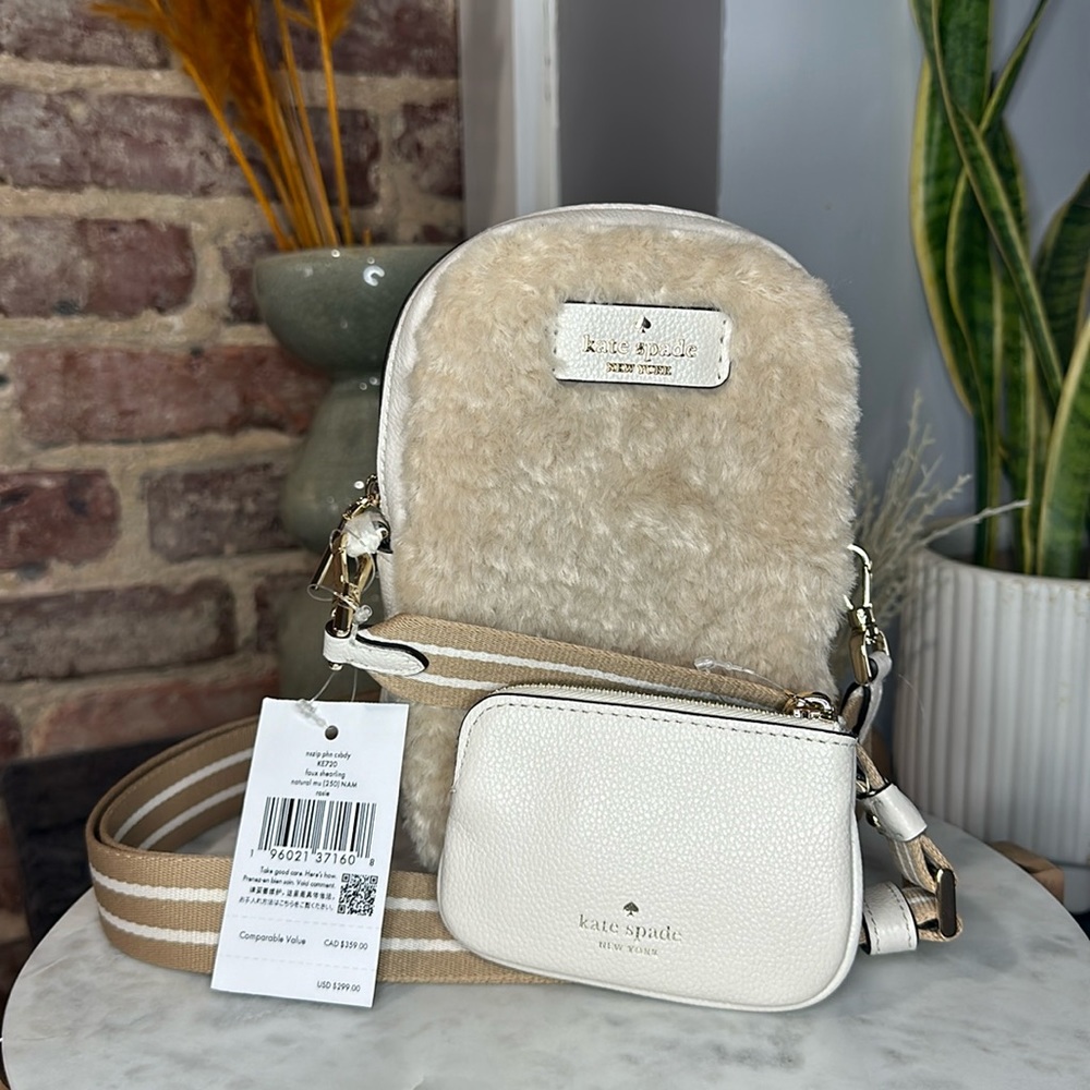 KATE SPADE ROSIE FAUX SHEARLING NORTH SOUTH ZIP PHONE CROSSBODY - Picture 7 of 17